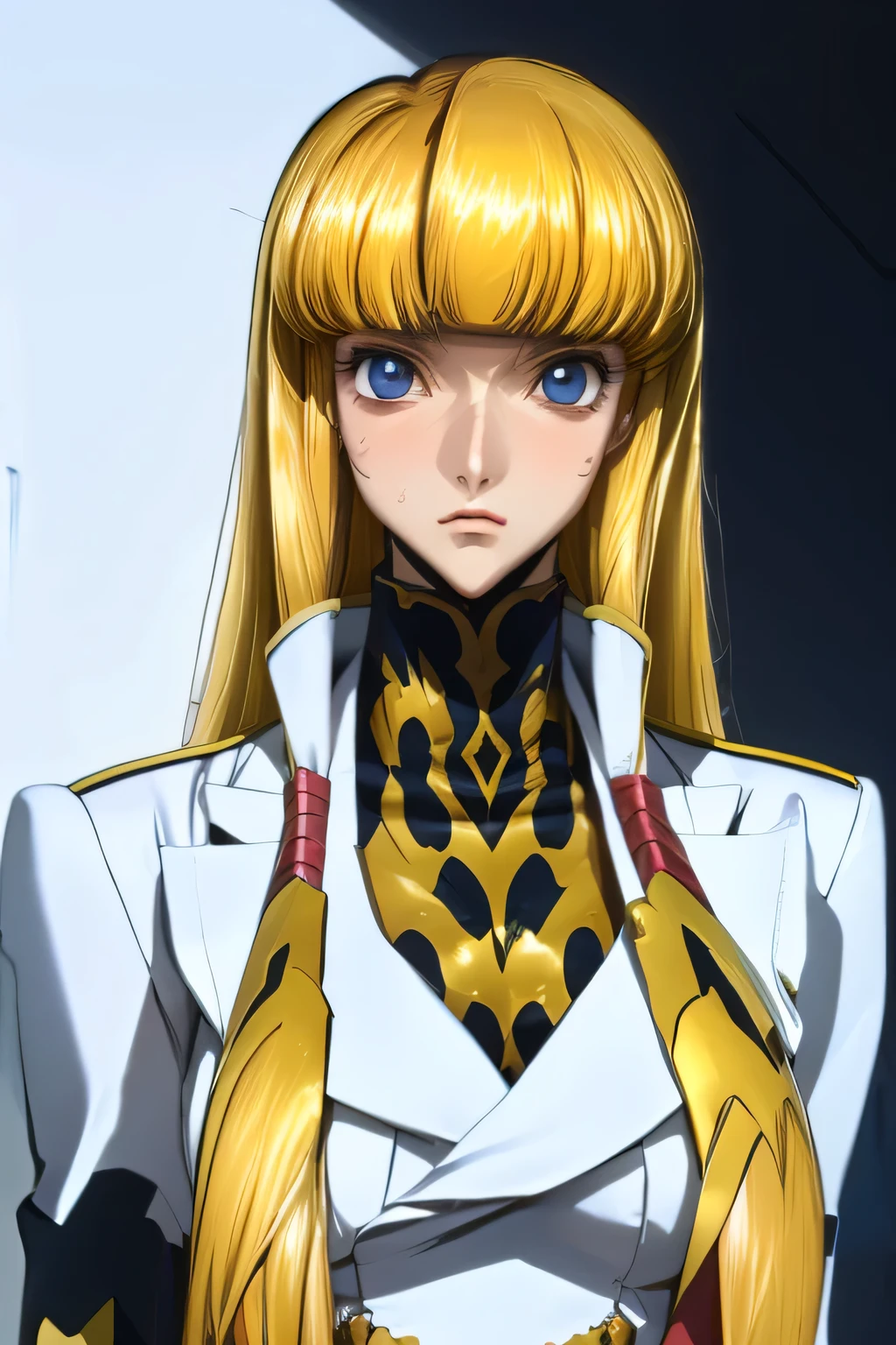 Highest quality,Highest Resolution,(((Latex military uniform bionde biondeの陰毛 dark blue eyes sweat))) code geass Monica long hair straight expressionless flat chest woman cool