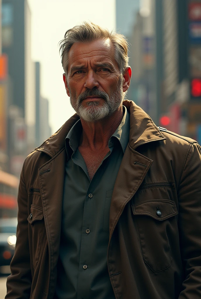 (bestselling artist realistic illustrations, pencil drawing:1.2), muscular old man, short hair, stylish mustache, two-tone hair, striking blue eyes, handsome face, large and defined pectorals, confident posture, rugged and weathered look, intense gaze, slightly wrinkled skin, strong jawline, black leather jacket, worn-out jeans, vintage motorcycle, urban background with graffiti, sunset lighting
