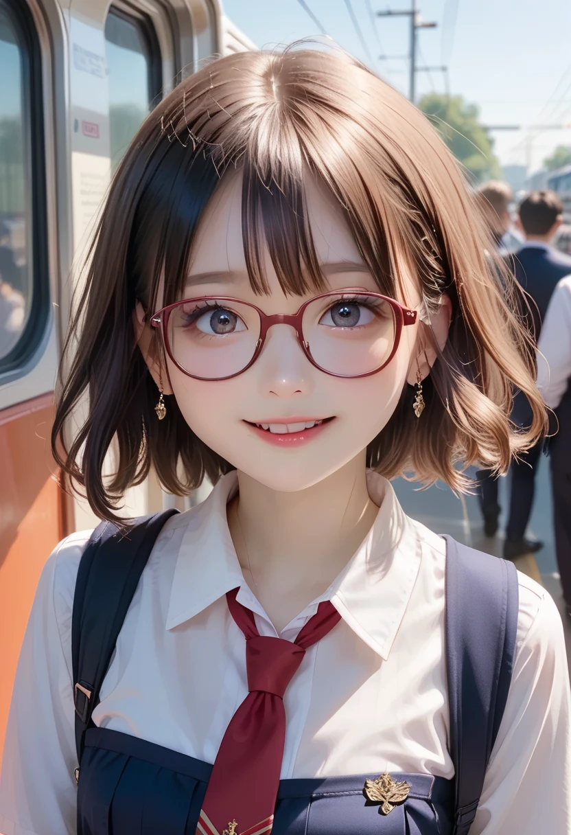solo, 1girl, looking at viewer, upper body, asuka tanaka,kitauji high , green neckerchief, brown shirt, long sleeves, looking at viewer, smile、school