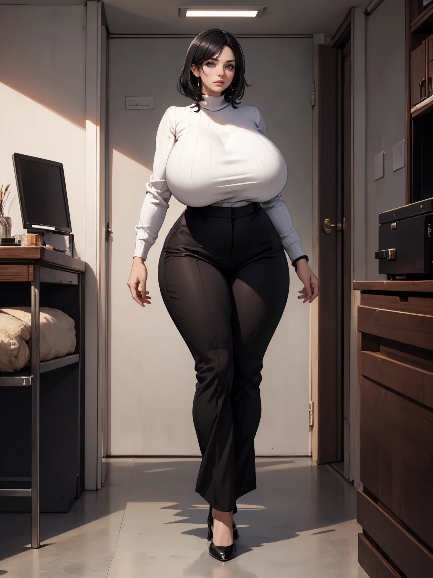 1 beautiful woman, big body, curvy woman, closed eyes, short hair, black hair, full bangs, made up face, bra; eyelids outlined with makeup, long eyelashes, eyelids with makeup, eyelids outlined with makeup, LONG-SLEEVED SHIRT WITH WHITE NECKLINE, shirt with buttons, NECKLINE, small EARRINGS, Skirt, shoes with BLACK HEELS, asleep with her mouth open, asleep lying on the sofa, arms down, head SUPPORTED on the sofa, MOUTH WIDE OPEN.