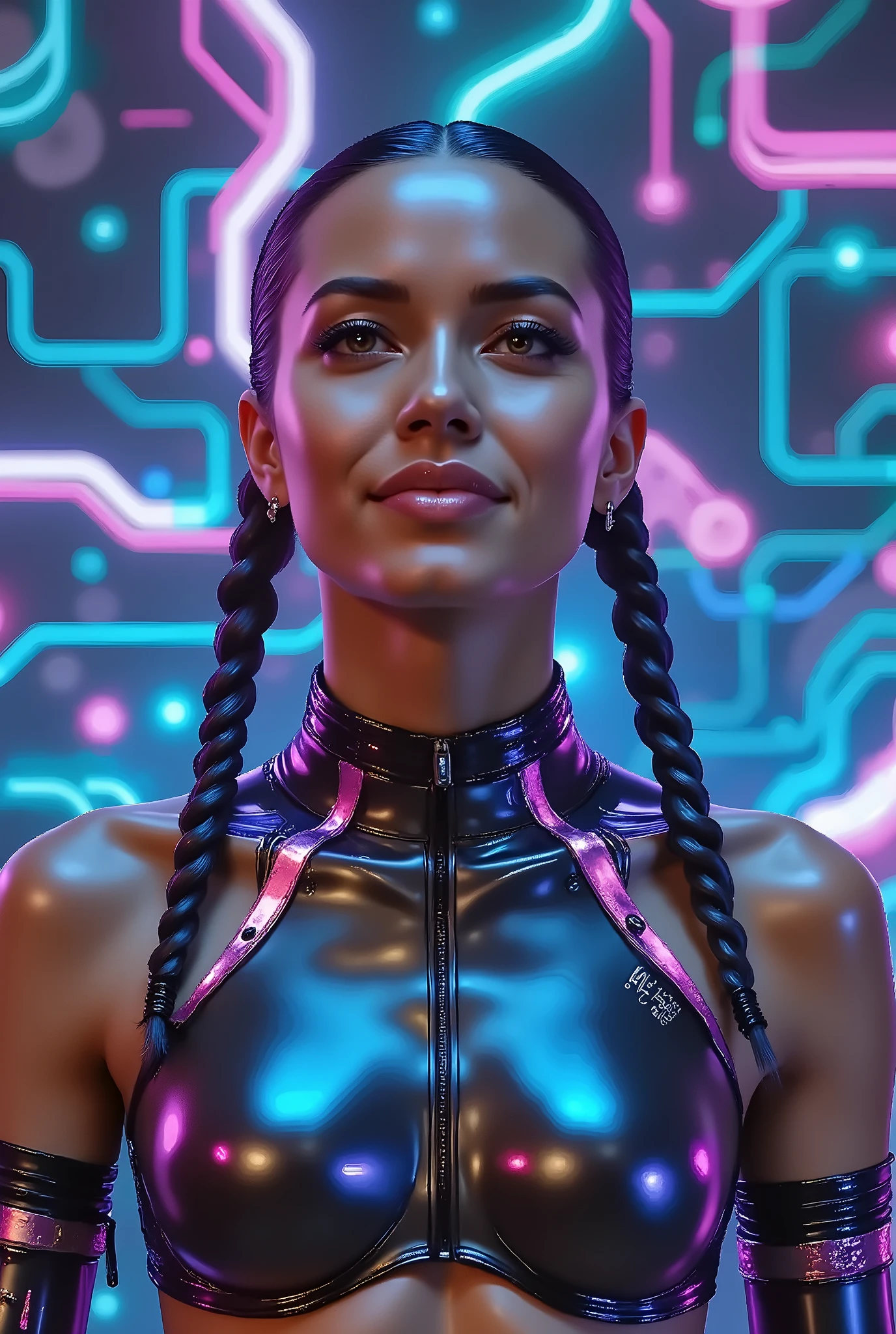 A beautiful European-featured female cyborg with an athletic and elegant build, shown in a close-up from the chest up. She has two braided pigtails falling over her shoulders. Her head is tilted back slightly, gazing upward with a gentle, confident smile. Her face is partially in profile, blending soft, human beauty with sleek cybernetic enhancements. Neon-lit implants and glowing lines accentuate her face, neck, and shoulders. The background is filled with intricate, colorful microcircuits and neon microchips in vibrant hues of blue, pink, green, and purple. The neon glow reflects subtly on her metallic and synthetic skin, creating a futuristic, ethereal atmosphere.