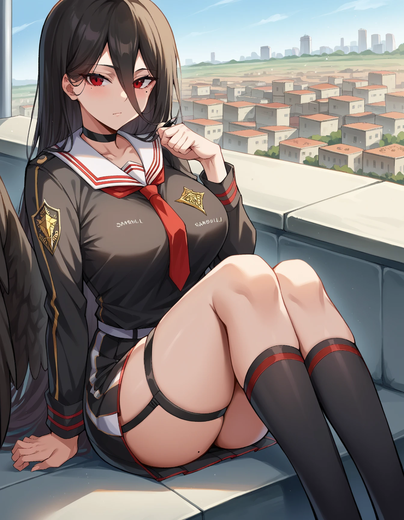 cabelos preto e longos，16-year-old girl，Wearing a uniform，White panty hose，without wearing shoes，sittinng on the river