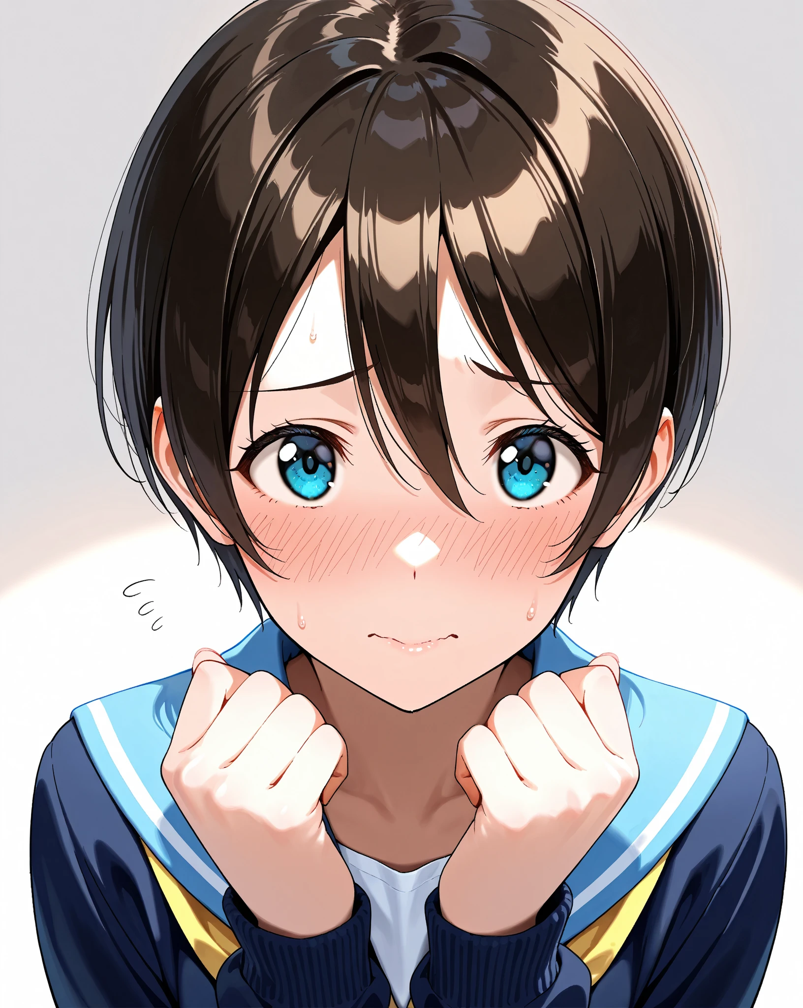 1man with short brown hair, blue eyes, tall, nude, cover ???? by hands, chibi style