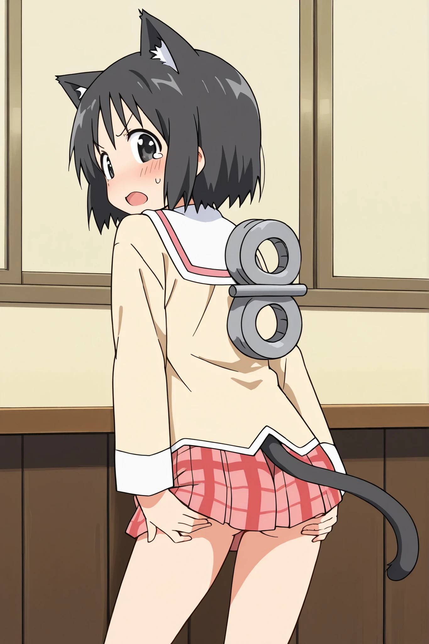 Highest quality, High resolution, 1.female, On all fours, dark eyes, cute, looking down, naked, small breasts, short hair, Black Hair, Full body, dog food on the floor, collar, anal beads in the ass, front