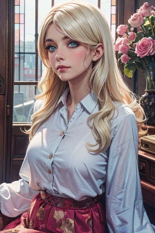 a Realistic Full Portrait of a Brigitte Bardot woman with long blonde hair and dark eye makeup, Beautiful, Detailed face, Perfect Eyes, (highly detailed skin:1.1), ((wearing a white shirt)), sitting on a bed, window, curtains waving, sunny sky outside the window, (8K, best quality:1.2), (masterpiece:1.37), (photorealistic:1.2), (ultra realistic:1.2), (high contrast:1.1), (intense:1.1), (detailed:1.1), (perfect body:1.1), (dynamic pose:1.1), (highest quality, by Alessandro Casagrande, Greg Rutkowski, Sally Mann, concept art), (analog:1.2), (high sharpness), real shadow, 3d, (by Michelangelo), photographed by Canon EOS R6, 135mm, 1/1250s, f/2.8, ISO 400