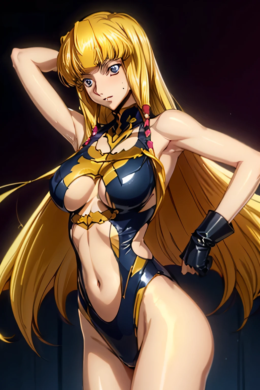 Princess Nina wearing yellow tiger print bikini, hands on hips, kneeling, shackles wristbands, chains, bracers, handcuffs, leather collar choker