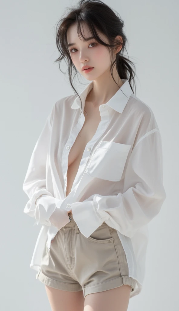 Masterpiece, top quality, girl, torn white wet sheer shirt, skin exposed very much, sheer, undressing, crying, writhing in pleasure from being blamed, shame, humiliation, confusion, crazy face, long tongue, drool, vomiting, sweat, tears, no makeup, indoors, (crying: 1.8)
