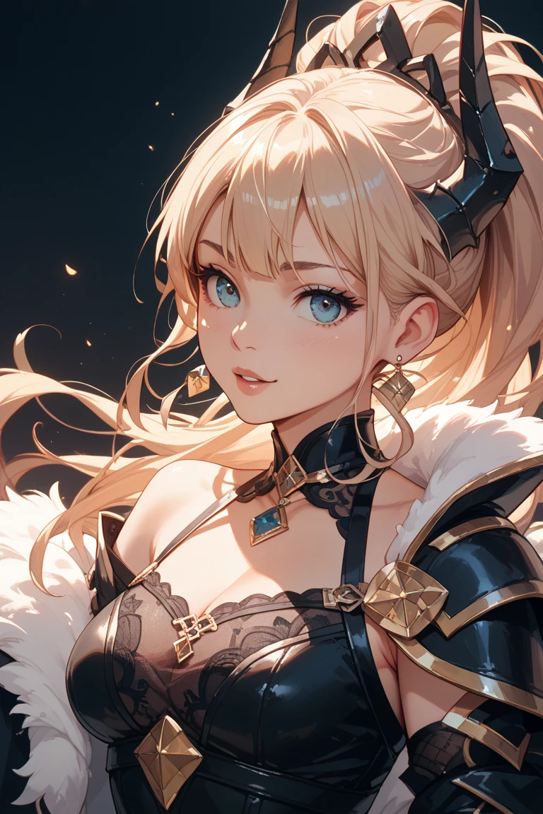 (Perfect Anatomy)、Mastepiece、Ultra High Quality、 8K、masterpiece、Highest quality、Ultra-high resolution、Maximum resolution、Very detailed、Professional Lighting、anime、成人woman、、1woman、thin、so beautiful、Highly detailed eye、Highly detailed face、Armored Dress, Red and black armor, , Black decorated gorgeous tiara,Red earrings,Frilly Armor,Golden Hair, The tips of her hair are pink、Golden Eyes,White underwear、Full body view、forest, equipped with a bow