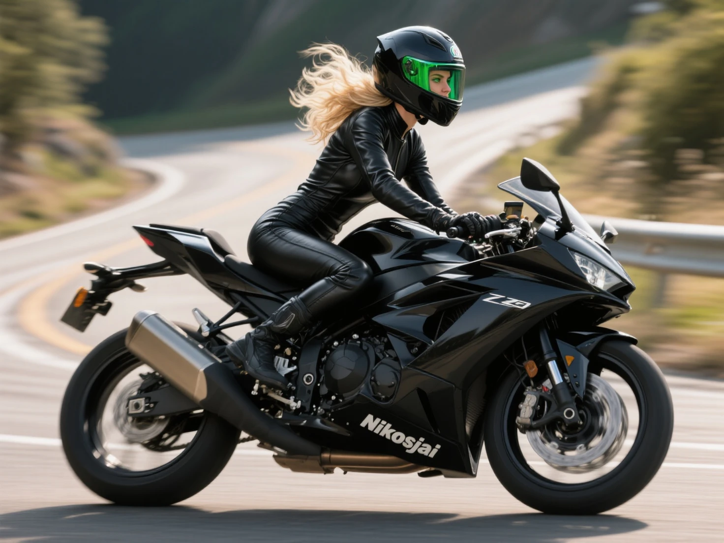 Sexy cyber female warrior and cyber mechanical motorcycle with long blonde hair. Full body exquisite high-tech armor, exquisite black tech helmet, Nousr, biomechanics, MSHN robot man, high-tech helmet, surreal, steel, intricate design, crazy details, fine details, extremely clear lines, cinematic lighting, photo realism, detailed masterpiece