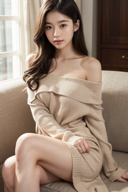 1girl in, age19, Solo, Long hair, Colossal tits, Looking at Viewer, blondehair, Bare shoulders, Brown eyes, jewely, Full body, a necklace, off shoulders, Sweaters, Realistic, A sexy