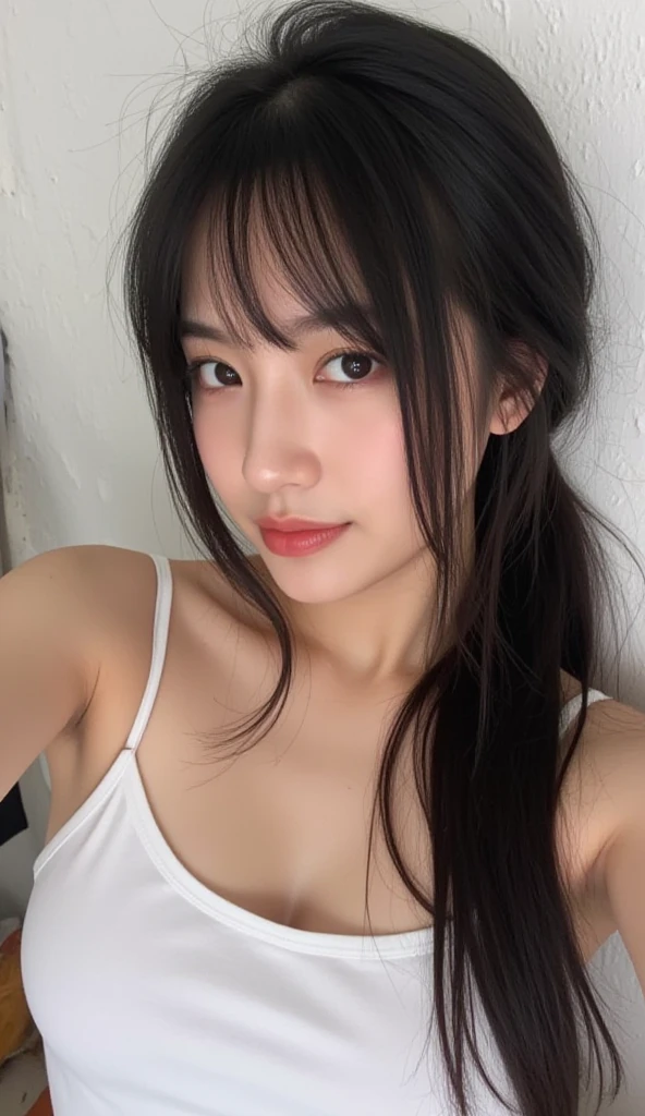 ((Best quality, 8k, Masterpiece :1.3)), 1 ultra hot woman , onlyfans model , adult movies actress ,sexy alluring , Pretty woman with emphasizing sexy seductive curvy body , fullbody waist up pose , upper knees pose , facing front sensually , frontal to camera , sexy look front view , (long hairstyles with ponytail , nice rounded breasts :1.2 ),wearing half-opened sexy seductive sensual Minimalist transparant outfit :1.2, Indoor, Ultra-detailed face, Detailed eyes, Double eyelid