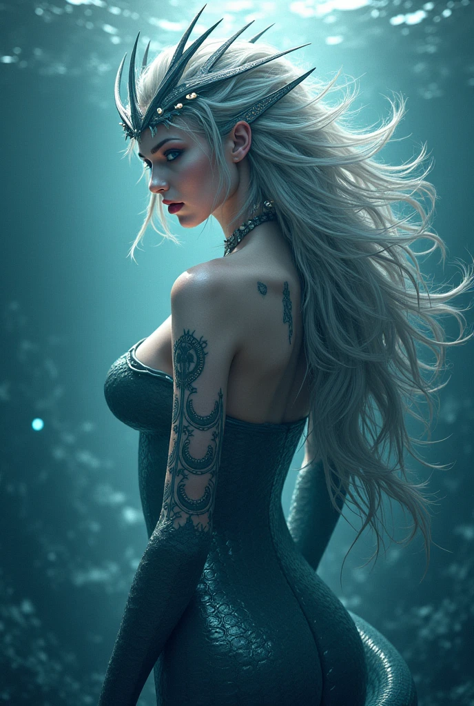 white forest in background, colorful design , Aurora, mythical, erotic pose, pore white hair, small tits, big eyes, body covered with tattoo, red lips, erotic, dark light,, white dress,