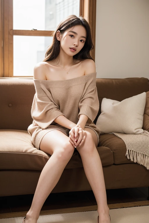 1 girl,sitting on a cozy sofa,cross your legs,soft light