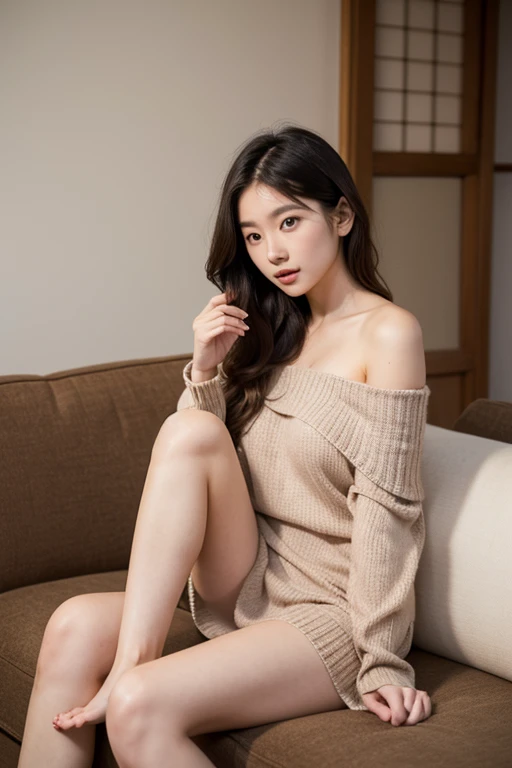 1 girl,sitting on a cozy sofa, beautiful legs crossing, soft light, soft light, Beautiful symmetrical face, Big eyes, a little smile, Fair skin, detailed face,