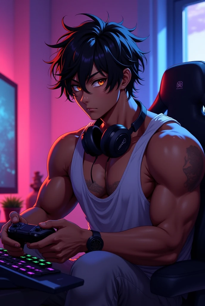 1 guy, open shirt, gaming chair, video games, dark room, RGB light, toned male, nice hands, perfect hands. facing toward computer, dark hair, semi-realism, masculine ((Strong men's:1.3)),((black hair:1.3)),(Shiny marble eyes:1.45),(NSFW:1.15),((very short hair:1.2)),(A lustrous, soft face:1.4),((blush、Mischievous Smile、Excited face:1.2)),((head down:1.3)),((Short sleeve:1.3)),(black、yellow、white、pink),((beautiful image:1.2)),((high Quality:1.2)),((perfect pixiv:1.2)),upper body