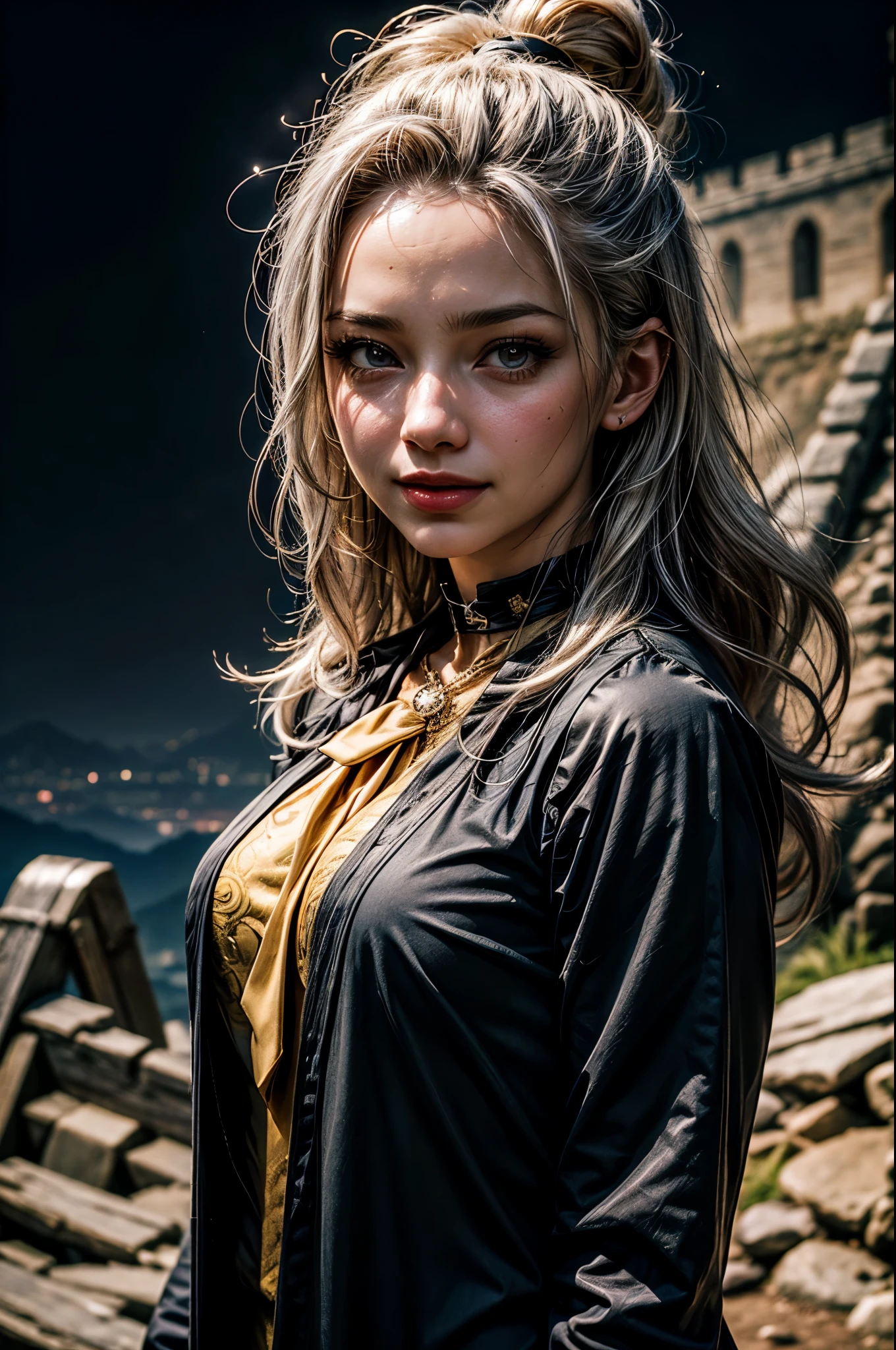 1girl, masterpiece, best quality, highres, mirajane, fairy tail, aamira, smile, long hair, bangs pinned back, topknot, forehead, choker, white suit trousers, gold waistcoat, ((waistcoat is unbuttoned and worn over black shirt)), gold necktie, necklace over necktie, bangles, ornate broach, looking at viewer, walking on the great wall of china, night, [moon], stars, masterpiece,stunning girlfriend, heart shaped face, elegant face, beautiful face, highly detailed face, highly detailed skin, skin pores, subsurface scattering, realistic pupils, full lips, detailed background, depth of field, atmospheric perspective, volumetric lighting, sharp focus, absurdres, realistic proportions, good anatomy, (realistic, hyperrealistic:1.4), 16k hdr,
