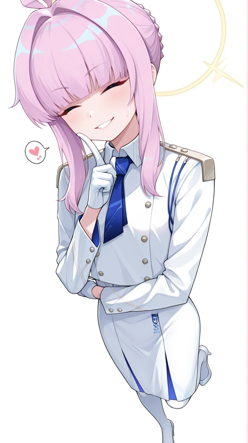 shiranui kaya, smile, bangs, Simple Background, Long sleeve, White Background,Thread,Pink Hair, Ahoge, short hair,(sideburns,sidekick),tie, White gloves, coat, Hello, blue tie, shirt,(blue striped panties:1.3),cowboy shot,(from below),