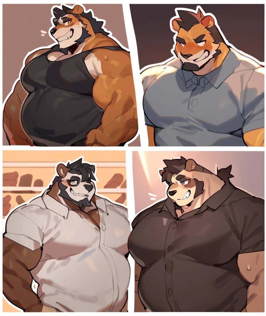 Male, solo, anthro, German Shepard, older male, confused expression, perplexed expression, brown fur, living room, (tight gym shorts), young to older, before and after, fatfur, skinny to fat, weight gain sequence, transformation, fit to fat, muscular to overweight, detailed lighting, brown chest tuft, ruffled fur, musclegut, belly, focus on belly, belly grab, weight gain, muscular arms attractive, (detailed bulge, detailed genitals), (bare chest), (detailed genital outline), (tenting (shorts)), (outstretched (shorts)), snout, long snout, teeth, perfect eyes, mature male, father figure, dilf, daddy, fangs, wide waist, broad shoulders, strong thighs, white teeth, detailed hands, massive bulge, bulge, detailed crotch, (detailed bulge outline), dramatic lighting, standing, (detailed erection under clothing (shorts)) 