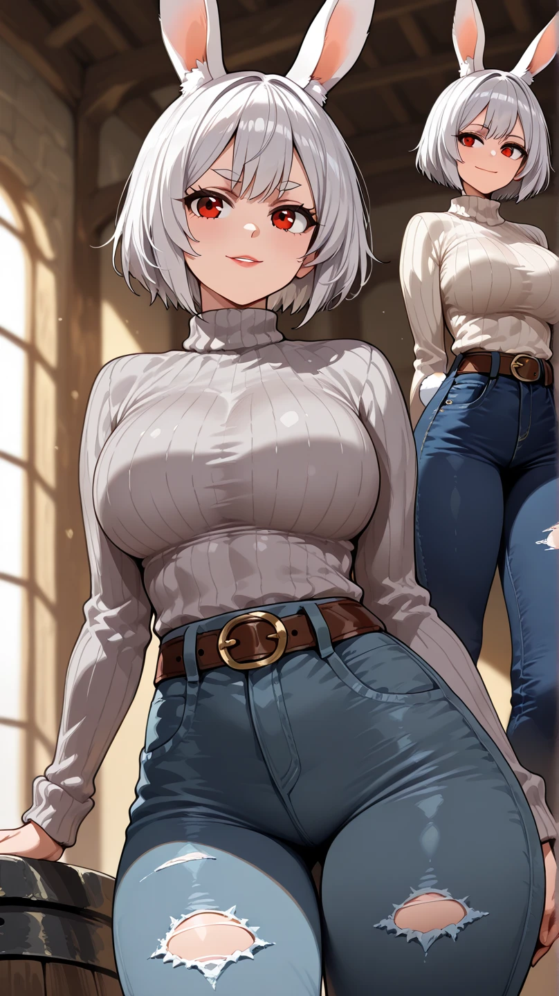 A 37 year old woman, She has blue eyes and white hair, she has medium short hair. She is wearing a black shirt and jeans, she has a mature face and also very sexy, she has a beautiful body, She is in a room in a house