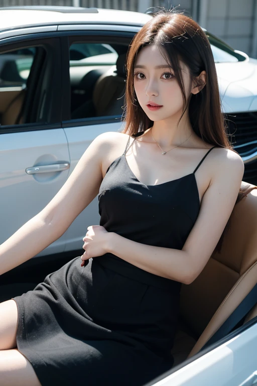 Best Quality, masutepiece, 超A high resolution, (Photorealistic:1.4), Raw photo, 1girl in, plein air, gros-plan, Looking at Viewer, Black Dress, off shoulders,Platinum Brown Hair