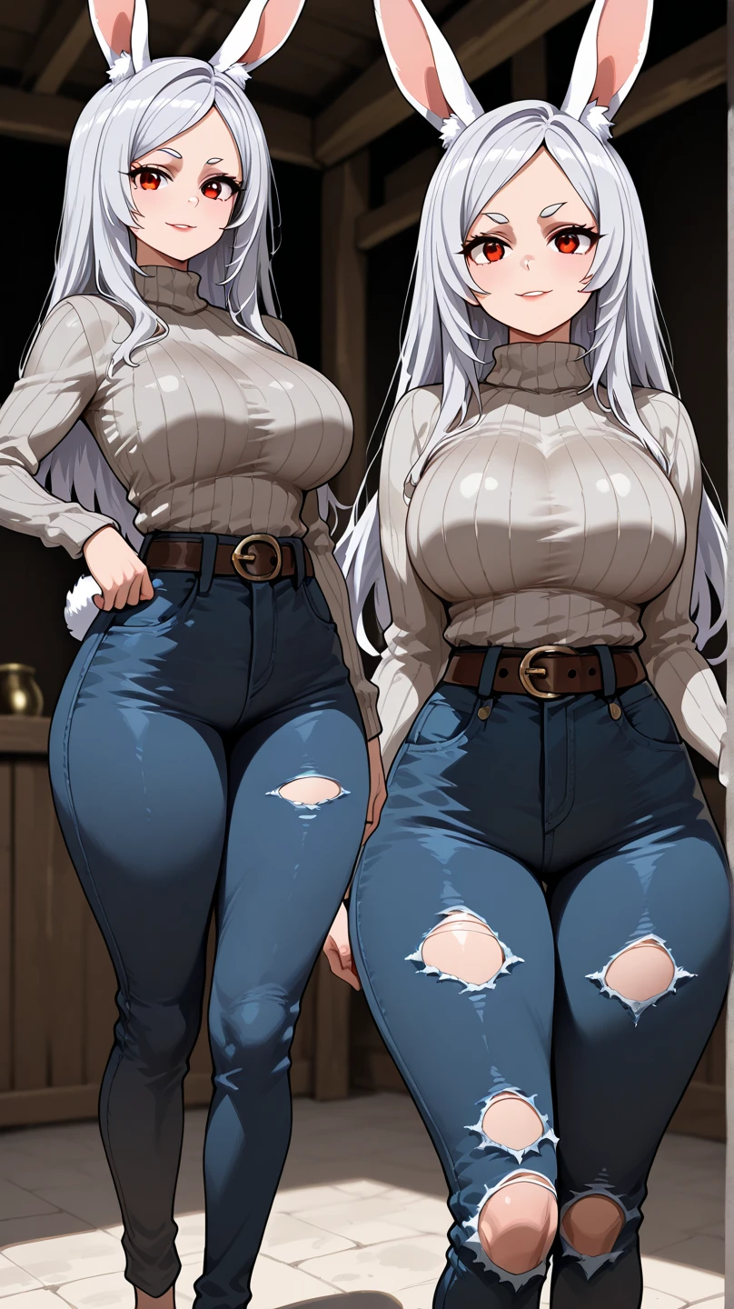 huge breasts, huge ass, big thighs, small waist, white hair, luscious messy hair, tall(adult), fluffy shirt tucked in, skinny jeans, perky nipples, pouty face, sitting on knees