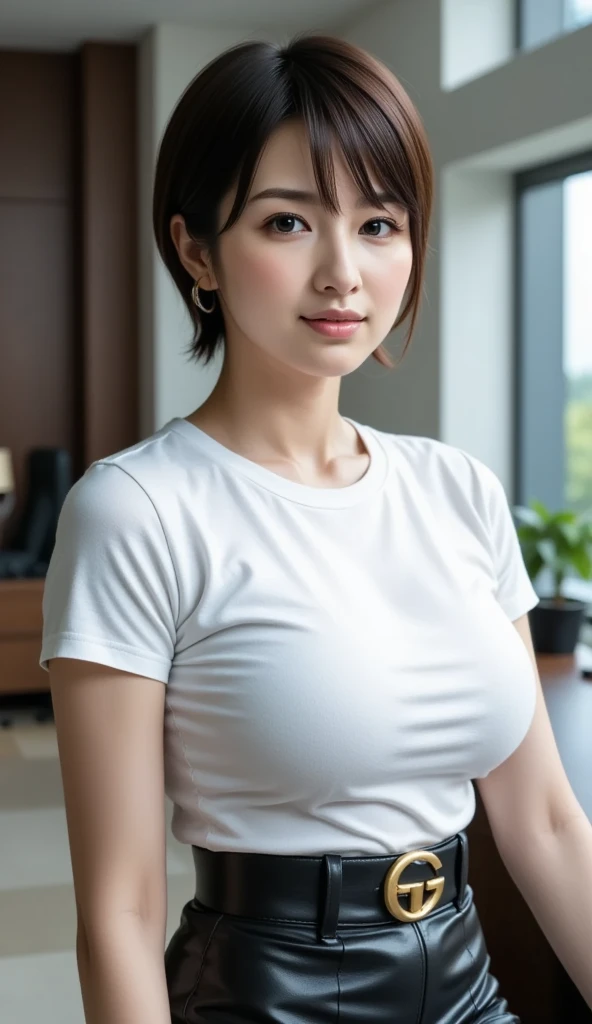 (8K、RAWE Photo、Highest quality、masterpiece:1.2)、(Real、Photorealistic:1.37)、Super detailed、Ultra-high resolution、1 girl、Beautiful detailed face、(Feather Cut: 0.6)、Professional Lighting、The lighting is bright、actress、model、Japanese、Full body、Wide-angle shot、Daytime、bright、 simple background ,Simple Background、Model posing, full body , cowboy shot 、smile、Left arm slightly raised、skirt, breasts, cleavage, esthetician, panty shot,brown hair, sitting, head out of frame, big breasts, lips, short sleeve white cachecoeur, black shirt, smile, Miniskirt, pencil skirt, crossed legs, short hair, (skirt lift:1.4), (show off panties:1.1), glowing skin and perfect symmetrical face with blush cheeks, strong rim light, intense shadows,hand between legs, (voluptuous waist and hips:1),(big breasts:1.05), (big butt:1.3), full body, woman, black hair, tender smile,  (photorealistic:1.4) , looking at viewer, cute face, dramatic lighting,