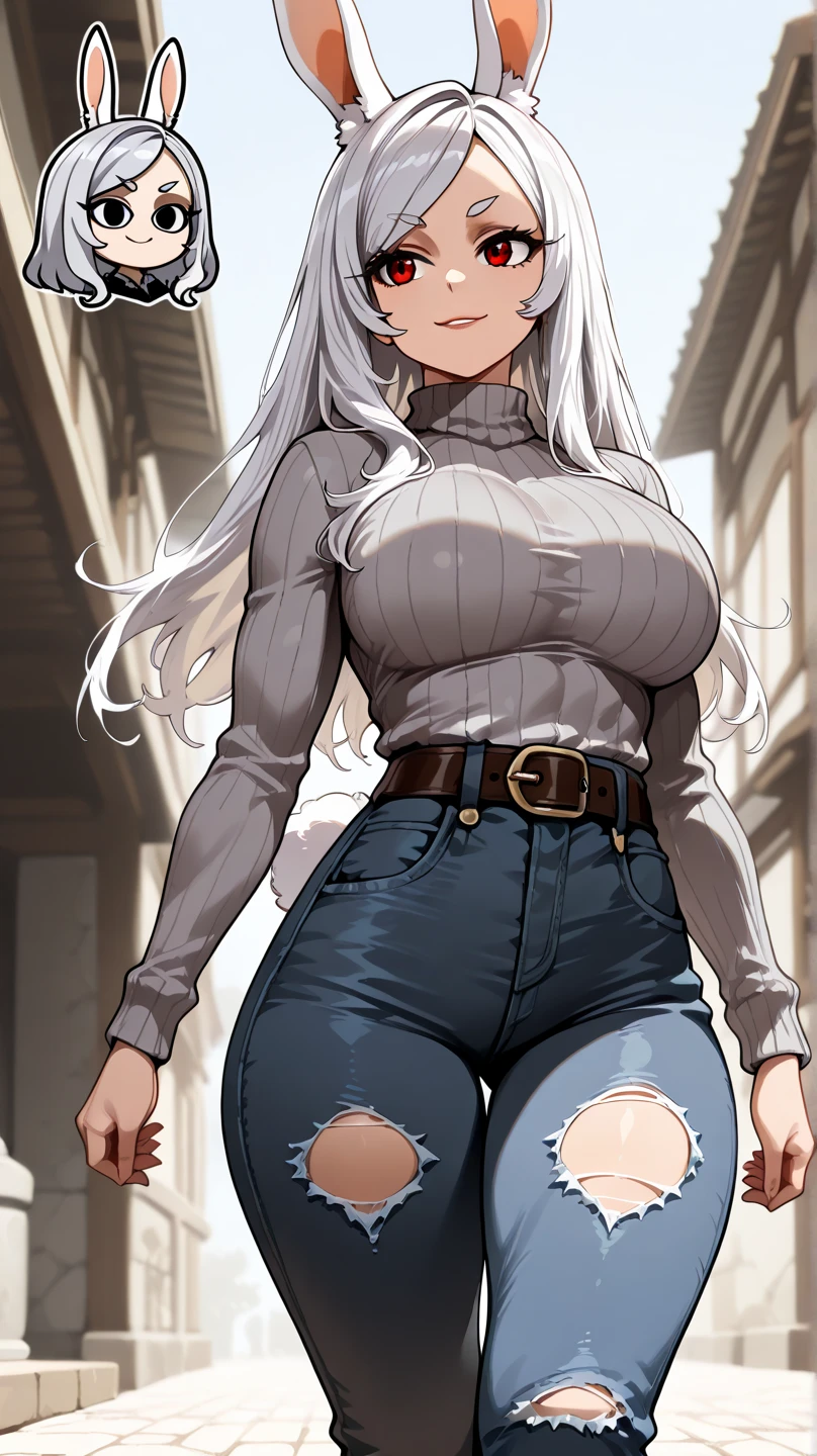 super fine illustration,vibrant colors, masterpiece, sharp focus, best quality, depth of field, cinematic lighting,ultra detailed,1girl,solo,denim jacket,white shirt,crop top,midriff,denim shorts,large breasts,long hair,silver hair,red eyes,blush,smile,open mouth,street,