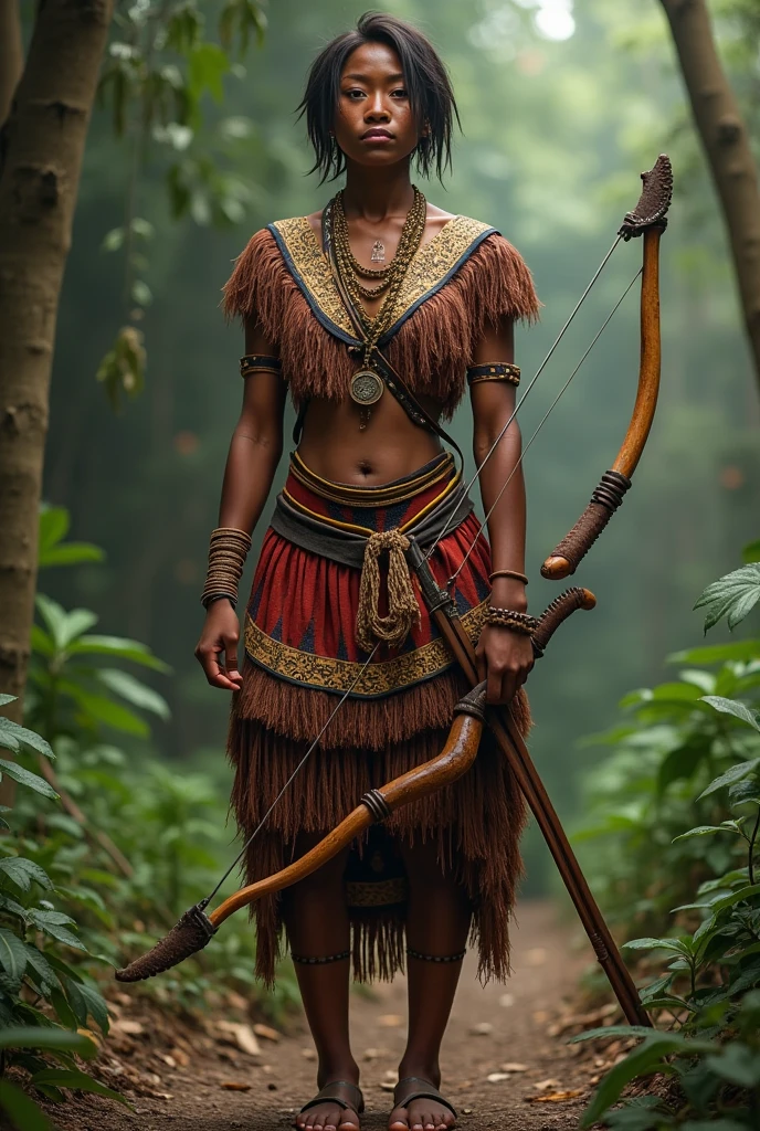 Attractive african archer woman traditional african style of clothes very tall long braided hair small boobs