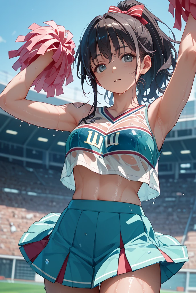 Highest quality,Highest Resolution,A beautiful girl with a crying face, a cheerleader with pom-poms,Sweat flying,Big eyes,Belly button,Underwear that becomes transparent due to sweat,Black hair ponytail,Abdominal muscles,Diagonally below,Arena,support,Outdoor,Sunshine,Open your mouth and drool,Dripping a lot of saliva,