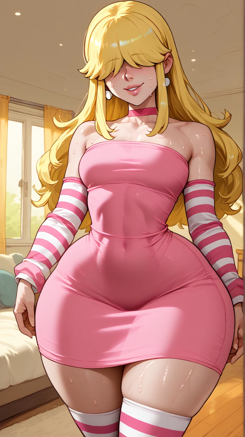 (((Best Quality, High Resolution))), a blonde girl wearing an office suit with a pear bottom and a giant booty, depicted in anime style. The girl is wearing a pink vest and tight leggings that accentuate her curves.