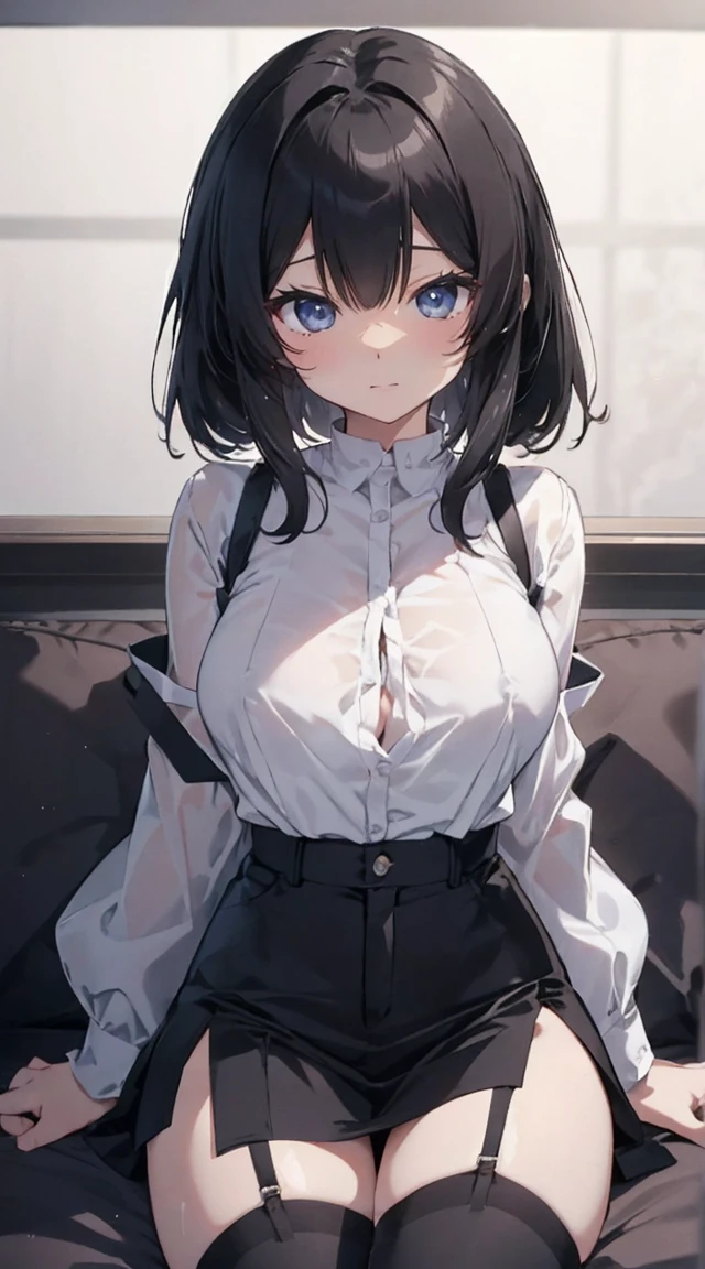 Remove your blazer, blouse, and bra up to your shoulders、Miniskirt、White underwear、Black hair straight、Shortcuts、Embarrassed、Hide your chest、Shoulder Bare、Blushing、Watery eye、Open your mouth、sit、Spread your legs、Leaning against a wall