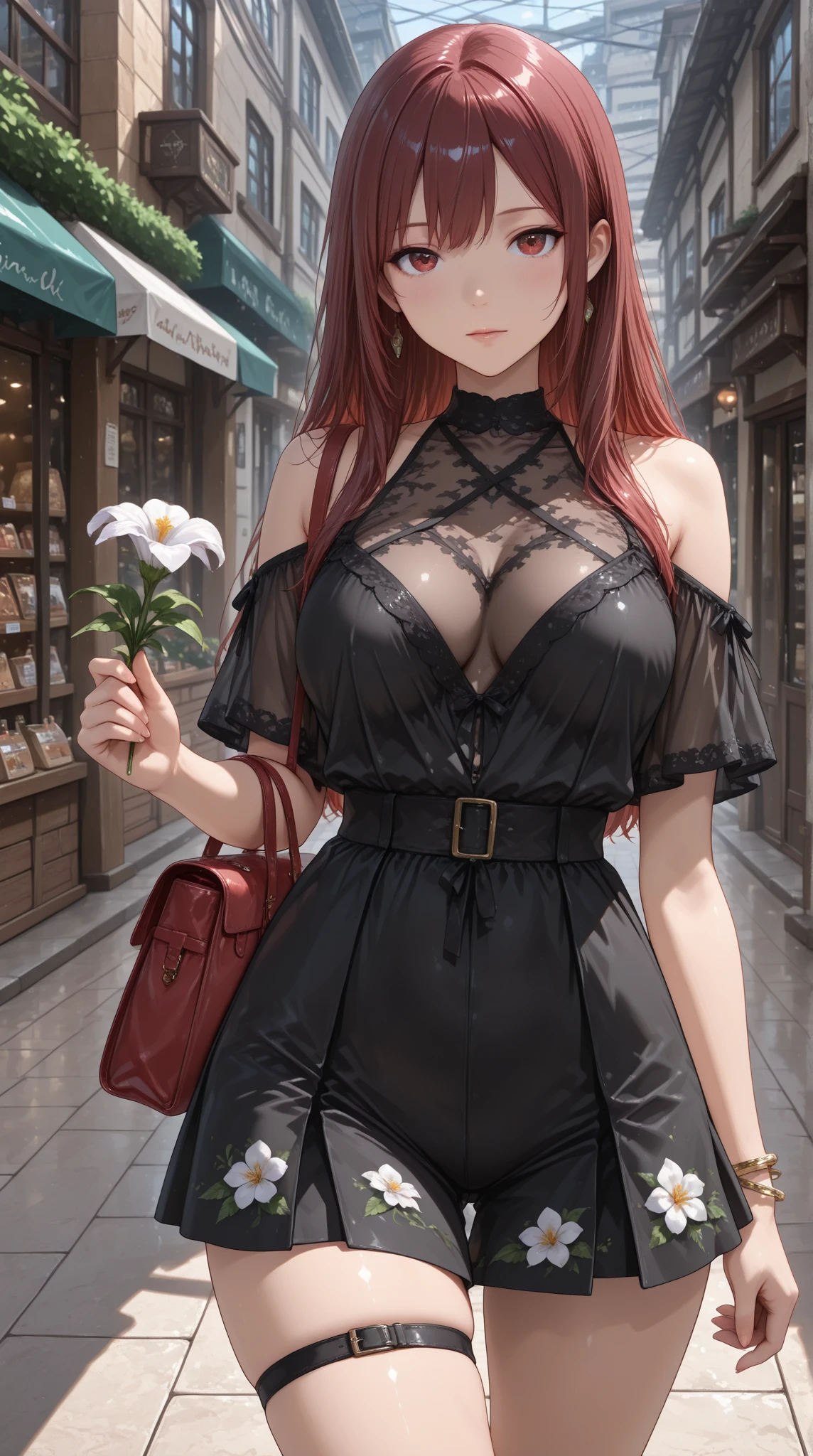 masterpiece, best quality, PIXIV, cowboy shot, red hair,
1girl, breasts, blush, sleeveless,jewelry, looking at viewer, skirt, necklace, solo, bag, sweater, turtleneck, sleeveless turtleneck, jacket, sleeveless sweater, long skirt, medium hair, handbag