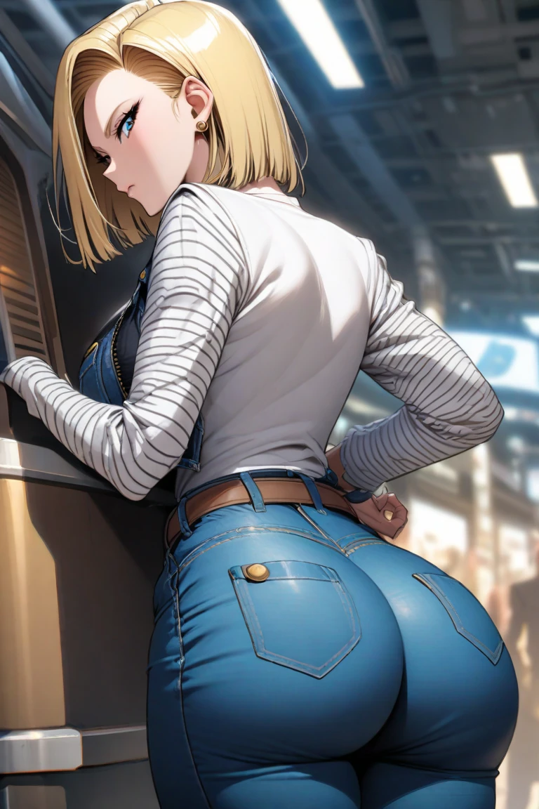 Android 18, jean coat, pleated jean skirt, short blonde hair, sexy eyes, big boobs, thick thighs, butt this way, (wide hips:1.1), (big buttocks:1.1), (thick thighs:1.1), (small waist:1.1), (gigantic breasts:1.1)