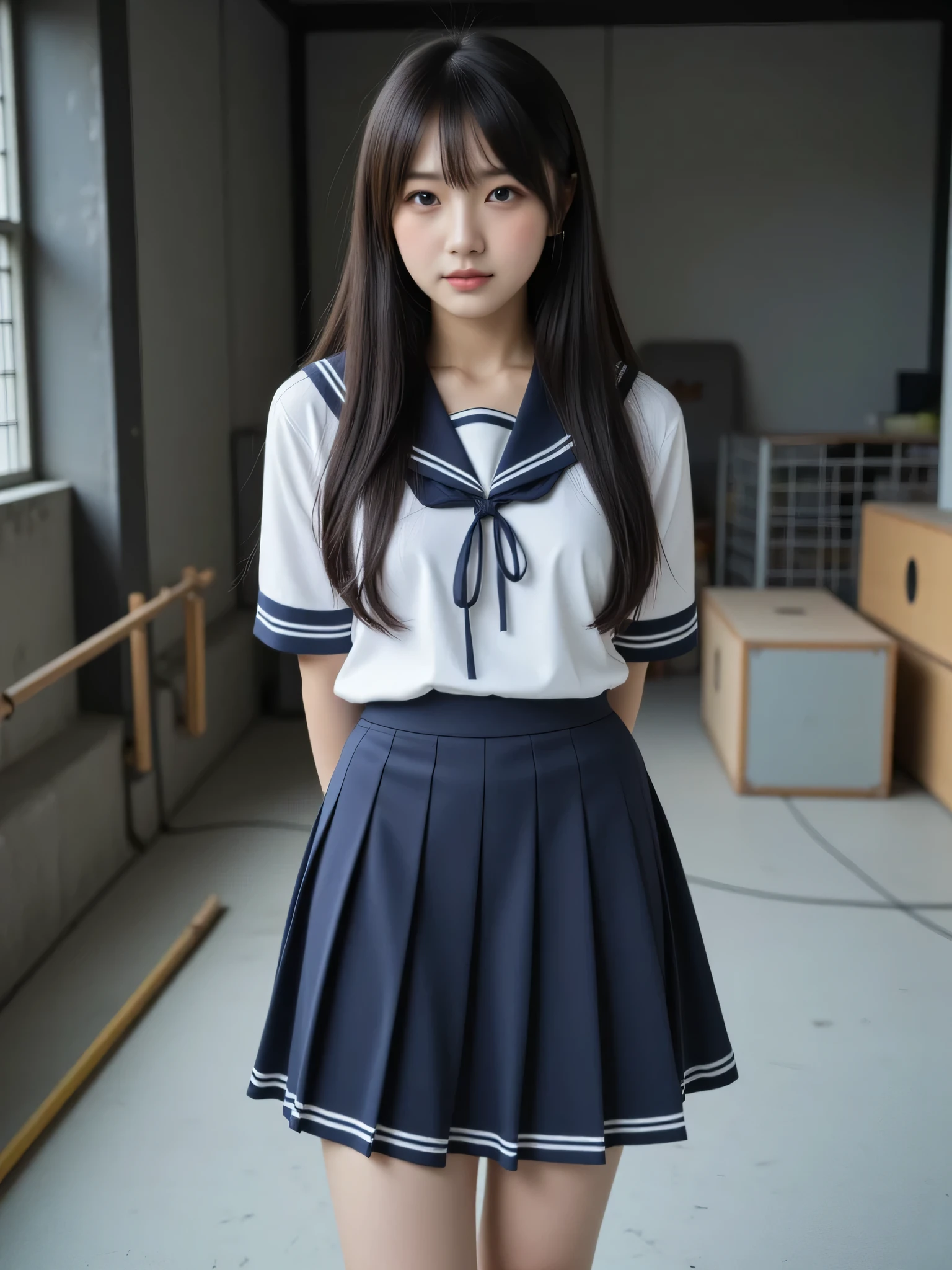 japanese cute idol, Japanese cute girl, kawaii, a beautiful young girl dressed up as a sailor, 1girl, solo, school uniform, serafuku, skirt, (The normal face of Japan),(The plain face of Japan ),(Curvy Body),(High school uniform、Wearing school uniform) black hair、 pleated skirt 、a beauty girl,large breast,focus breasts,show bra ,underwear ,navel, Messy narrow Sports warehouse room. dark light gray hue shift. Dim lit. Evening. slightly old background wall. white floor with few scratches. few crack and little dirt on wall. wooden vaulting boxes. Hurdles. soccer balls in a cage made of iron pipes. Light gray Stacked gymnastics mats. , (embarrassed, nose blush:1.3), dark illumination room