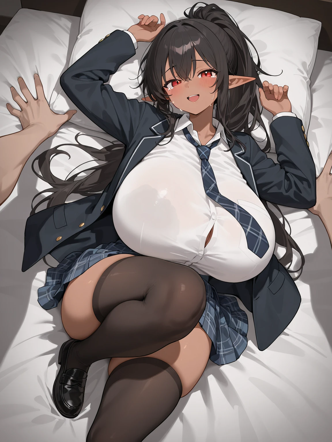 absurdo, 8k, High resolution, Ultra detallado, papel tapiz, Perfect lighting, Piel hermosa, Sombras perfectas, Hermosos ojos, ojos detallados, Cara detallada, Obra maestra, La mejor calidad, Ropa detallada, cuerpo completo, Young girl, cuerpo voluptuoso , embarrassed and shy face, pechos enormes, muslos enormes, viste un uniforme escolar, Medias blancas hasta el muslo, he is sitting on a bed eating chocolate, Cabello negro con dos coletas y flequillo que cubre un ojo., purple eyes with heart-shaped pupils, Use anteojos