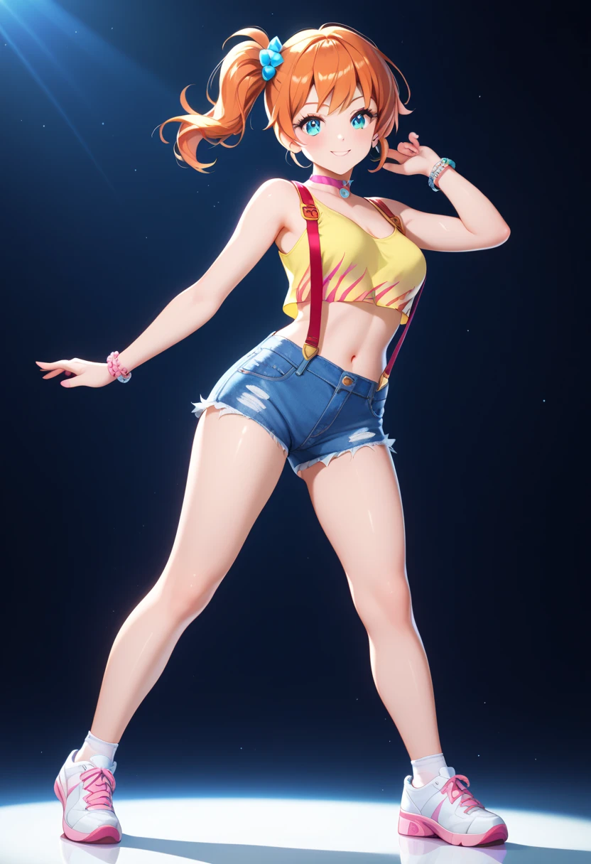 、{{{Kasumi(Pokémon)}}}、masterpiece、Denim shorts、short hair、Orange Hair、Yellow Shirt、Red suspenders、Green Eyes、Side Pony、Belly button、Skin Dentition、Puffy nipples、Cameltoe、((Shiny skin))、Drops of sweat、Underbust、Gravure pose