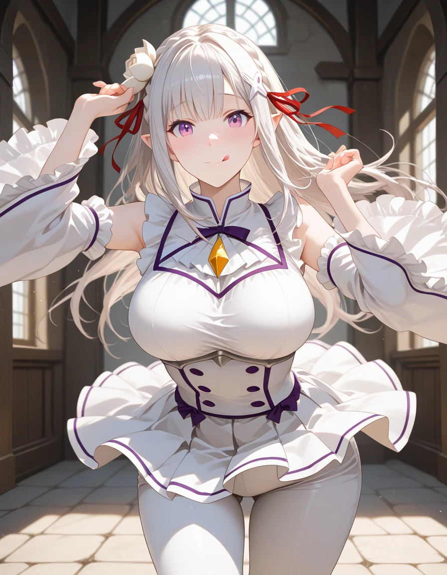 Best Quality,Highly detailed,masutepiece,Ultra-detailed,(Realistic:1.2), 1girl in,(white Background), Background,Delicate eyes,silver hair, Purple eyes,hair_ornament detached,(White off-shoulder shirt:1.3),long hair,spiky_Ears,diadems_braid,deadpan,Straight hair,(++Sitting:1.2), Large breasts,