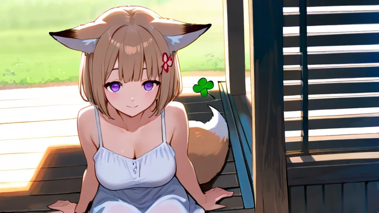 Big fox ears, at a park, milk comes out of small breats, brown larva comes out from anus