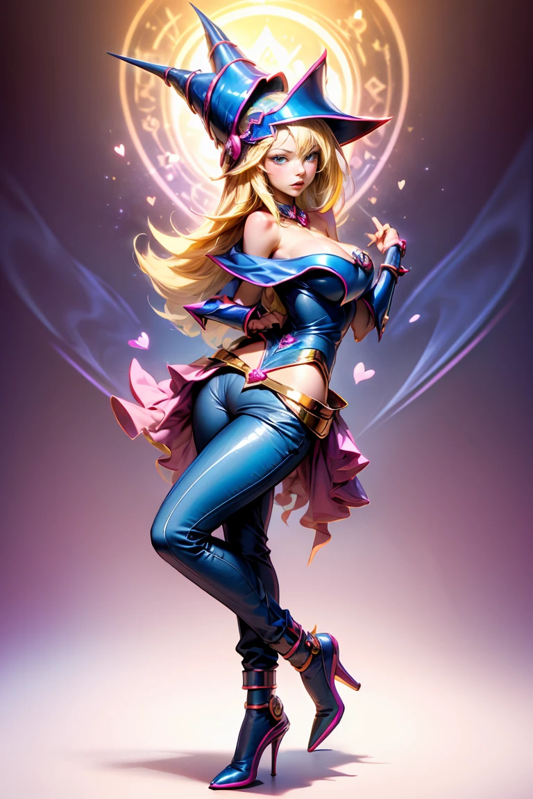 dark magician gils, with high-heels. pants,  sexy, Subjective and sensual pose. magic background. Magical heart in the air. magic circle 