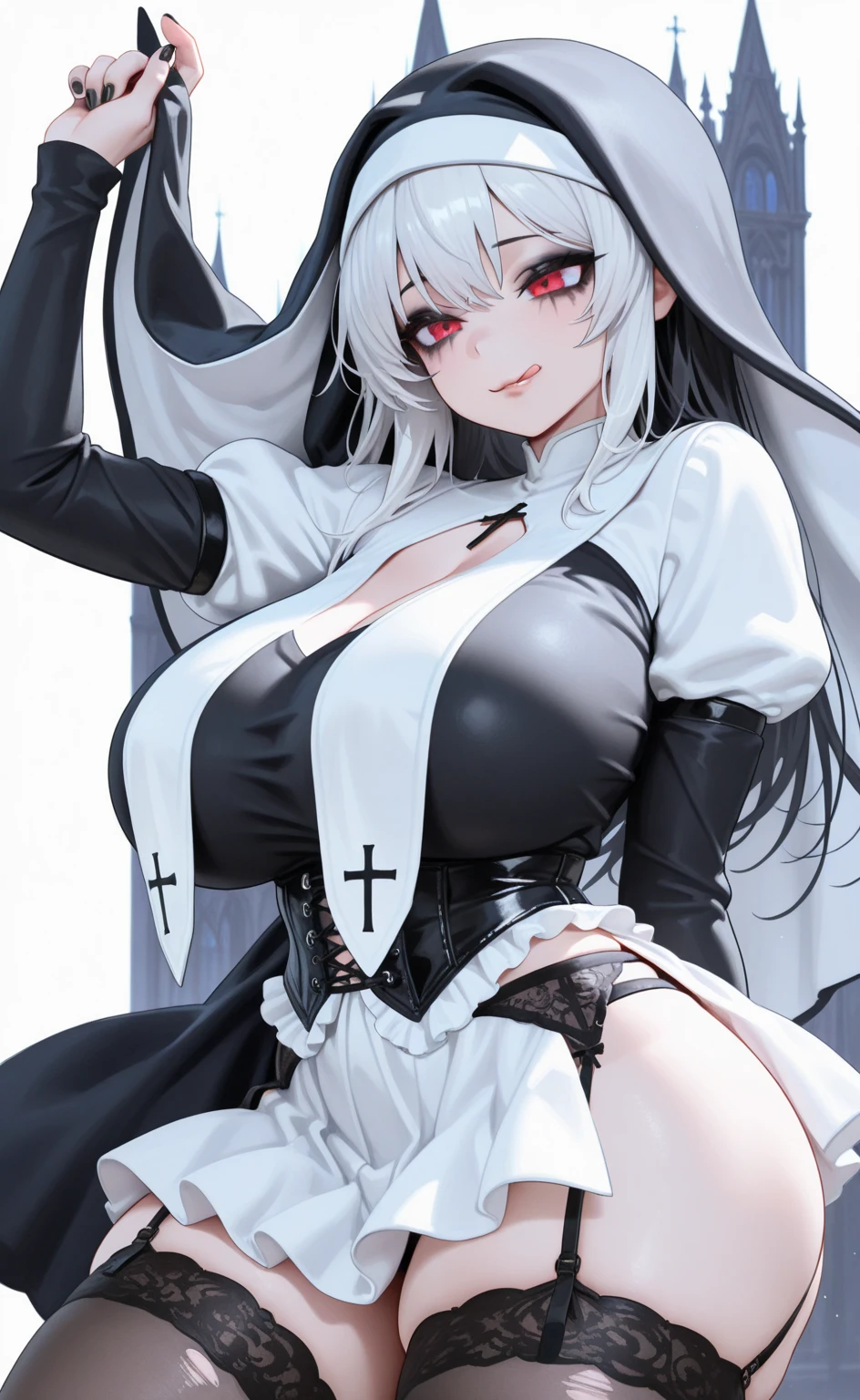 beautiful demonic woman, naked, white long hair, pubic hair,covered in blood, fangs, horns, grim forest,  
 <lora:Sexy_Nun_Suit:1> 1girl, sexy_nun,((pubic tattoo)), white long hair, black veil, red eyes, red lips, white bikini, stomach cutout, navel, black long sleeves, black leather pants, black boots,