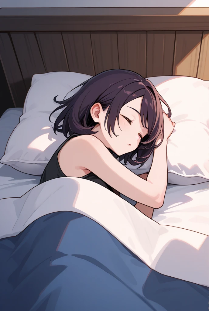 The woman with black hair is lying on the bed, eyes closed and pale. She has a caption that says: “A story without an ending, without hope, without a future.”
