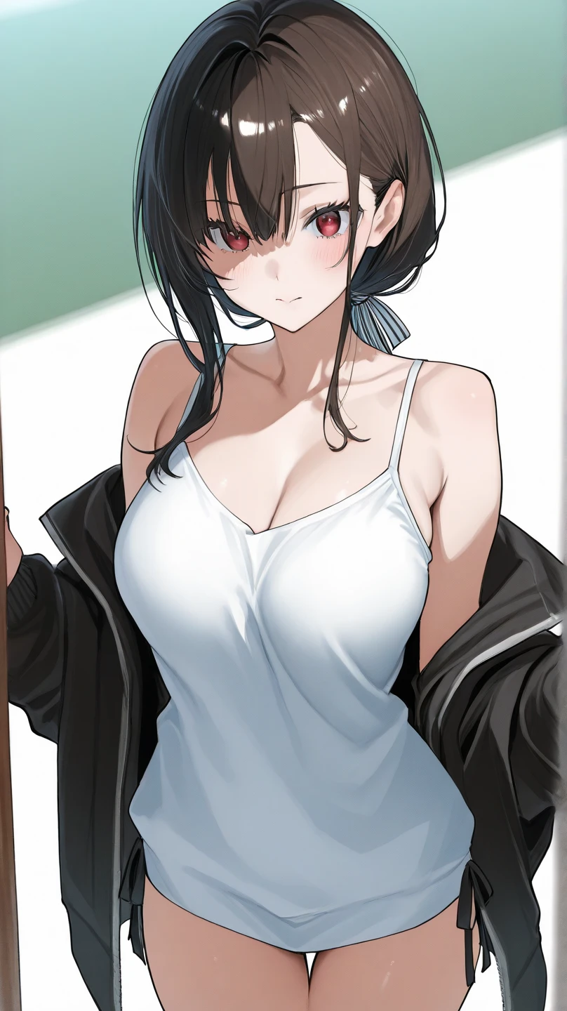 Cute ,busty mature women,realistic skin, tanktop see through nipple,realistic breast, saggy breast, nipple out,muted colours, cold lighting, pale white skin, mature women,black hair, long hair, (hair over one eye:1.4), Messy hair,straight hair,hair between eyes ,sleepy eyes ,beautiful,pucker lips,smeared lipstick,charm,pubic hair pussy,dense pubic hair, cute shy blush on