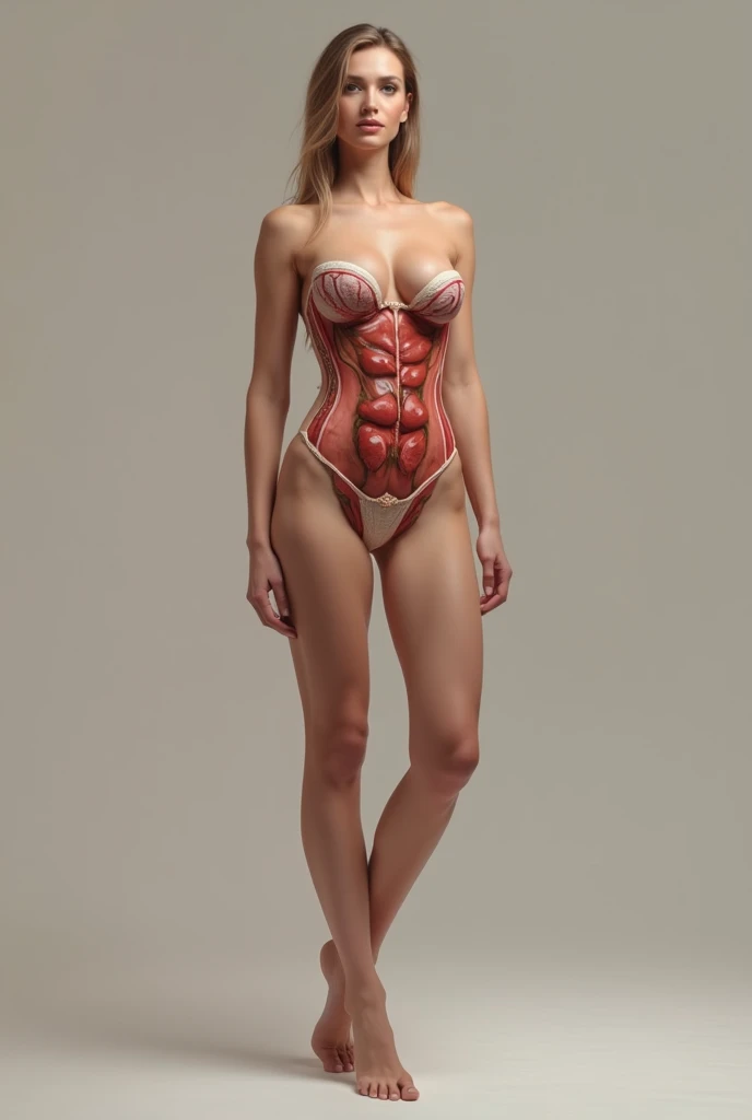 ((Female zombie))((Both eyes are completely pure white))((White skin, Nice long legs))((Very big tits))((Empty eyes))((Wearing a brown deep V low-cut bikini:1.2))((Wearing brown high heels:1.2))((Covered in blood))