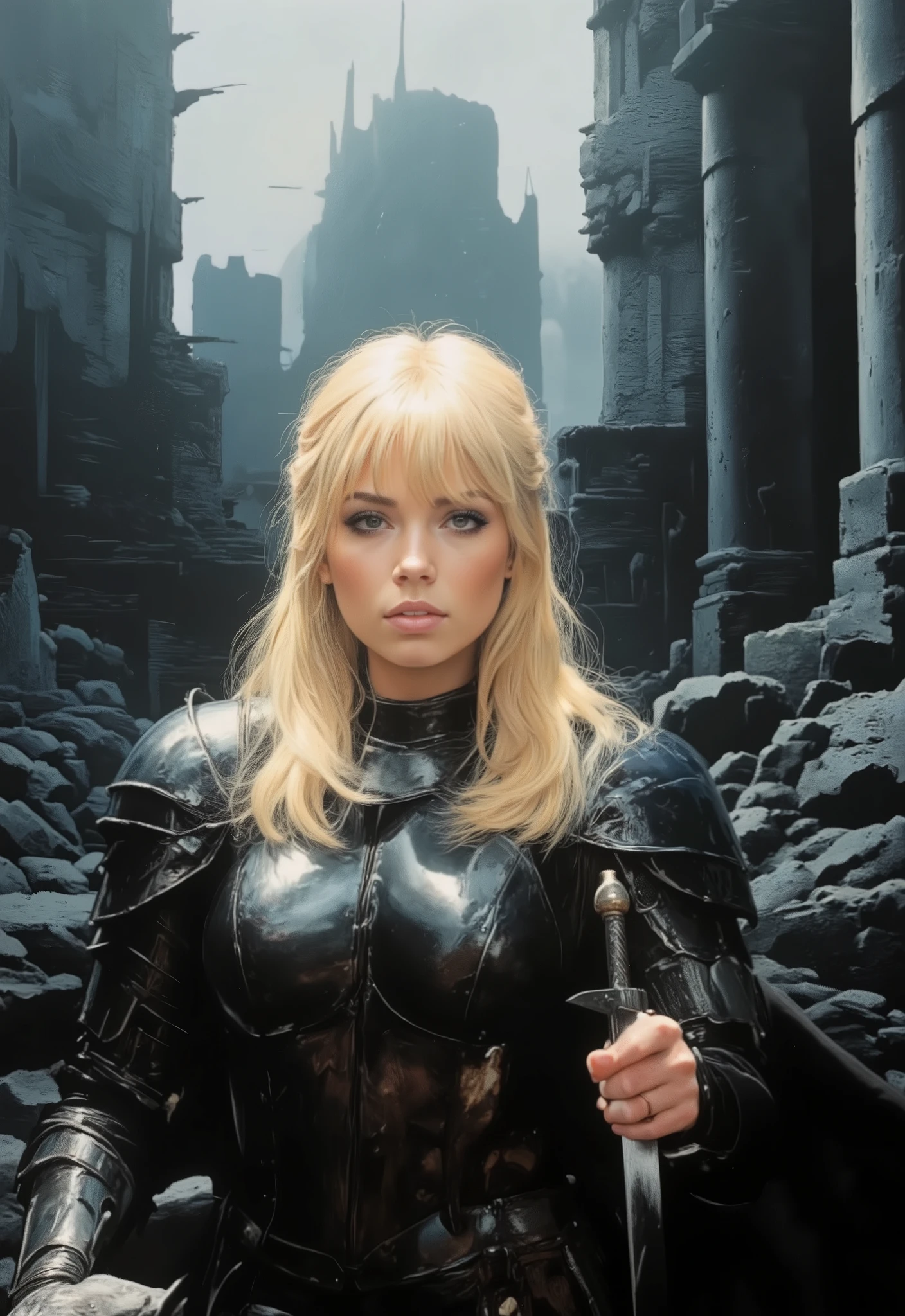 JennetteMcCurdy, solo, strapless black wide armor, (black eyeliner:1.3), blonde long hair, (blue eyes:1.1), closeup face, perfect face, focus face, aesthetics, gloomy atmosphere, ruins scenery, serious face, drkfnts style, wielding an sword.