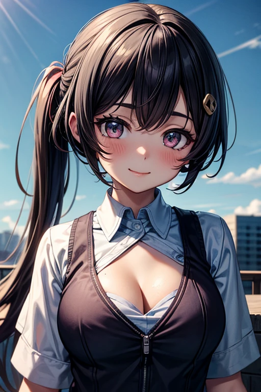 1girl, solo, summer, village, trees, sun, clouds, ((colorful hair)), long hair, curly hair, ponytail, large breasts, ((black blazer)), button down shirt, ((white shirt)), ((short sleeved shirt)), ((unbuttoned shirt)), unbuttoning buttons, cleavage 1:3, brown eyes, skirt, smile, looking at the viewer, standing, hair ribbon, golden necklate