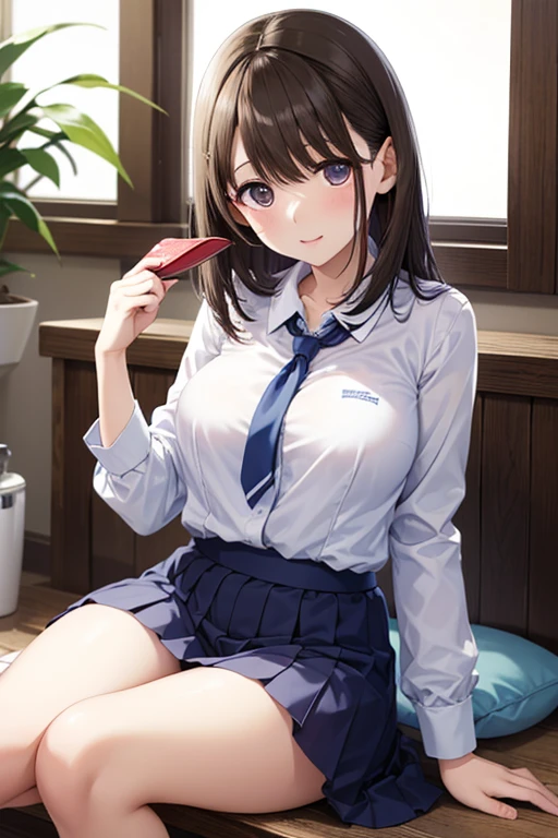 (masterpiece, best quality), 1girl, nsfw, schoolgirl uniform, shy, showing off, flat chest, cleavage, panties, see through, cum