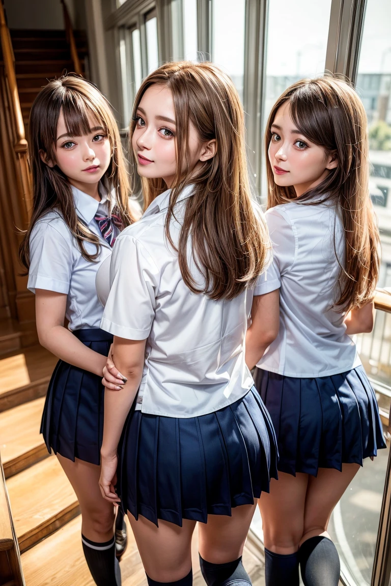 NSFW, ((masterpiece)), ((highest quality)), (Super detailed), ((cute)), cute, (Multi-point), ((sexy)), (device), ((very detailed)), 4k, (8k), highest quality, (beautiful), hyper cute face, shape, anime style,hyper genuineistic, genuine, dynamic angle, ((full body)), close, thick outline, clear outline, on school, (three girls, 3 cute girls:1.5), (school girl uniform :1.5), beautiful light brown hair, beautiful brown eyes, ((beautiful eyes)), (leaning forward:1.5), short hair, big breasts, smile