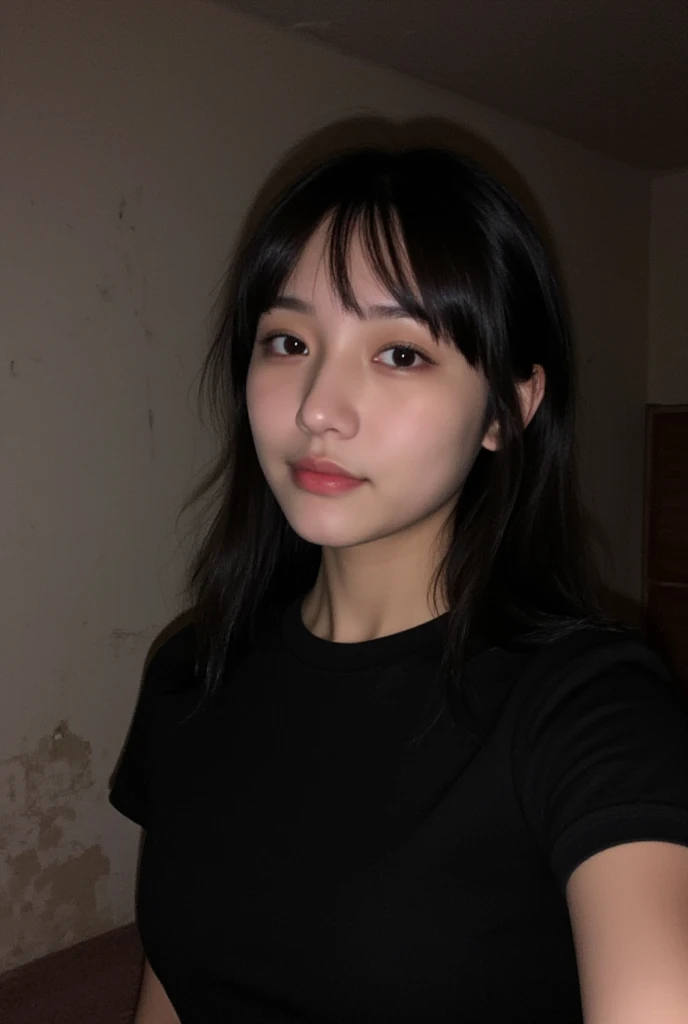 there is a woman with long black hair sitting at a table, large boobs, casual clorhes, with accurate face, beuatiful face, taken with canon 8 0 d, beutiful face, face picture, taken with sony alpha 9, ultra realistic 4k UHD, real shadoe, photo potait premium,  with round face, potrait, with kind face, picture, attractive photo, close up potrait, taken with canon eos 5 d mark iv
