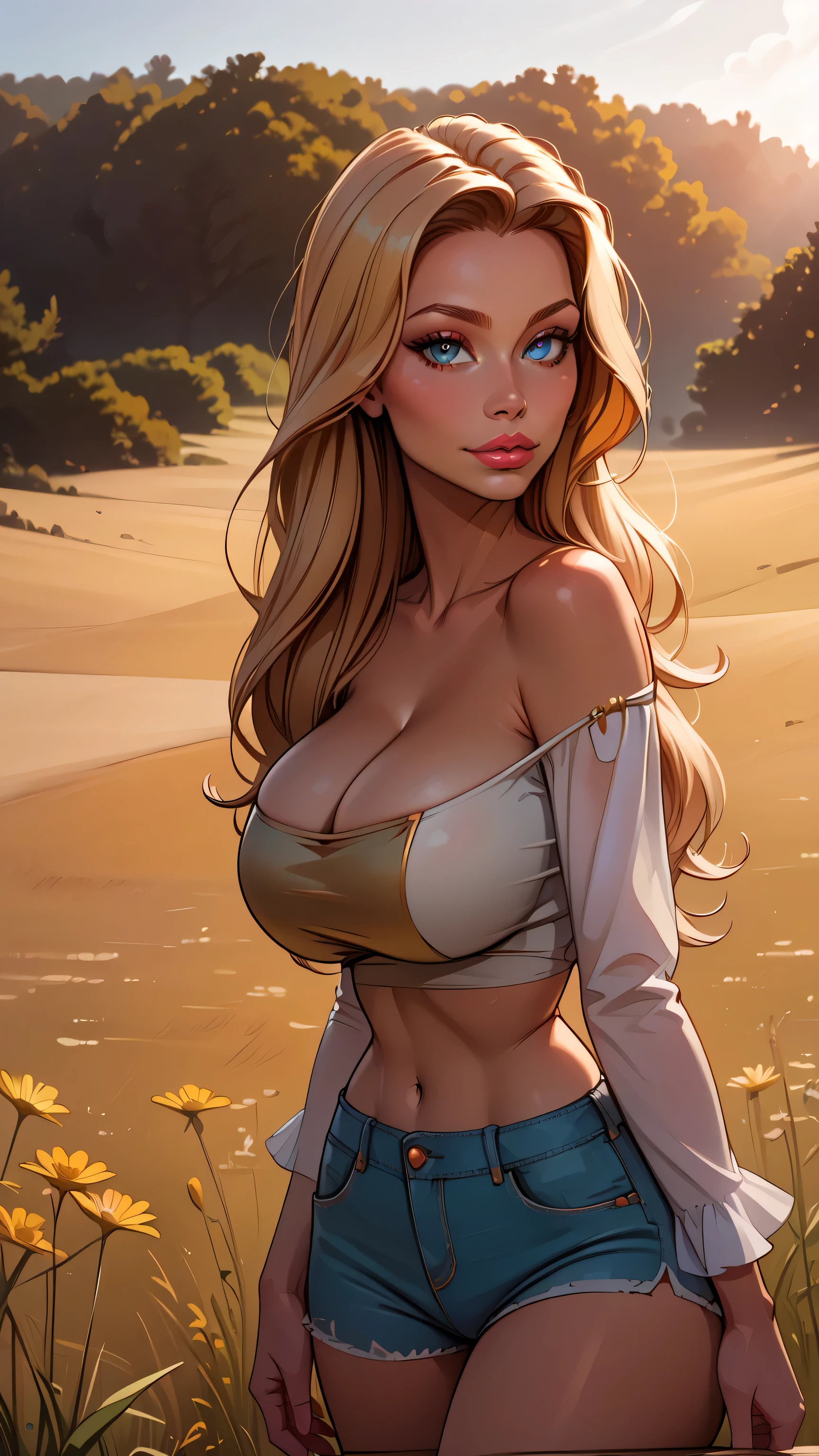 (Details of a very beautiful face), (Best Quality:1.4), 8K resolution, High resolution, Beautiful girl, long blonde hair, Beautiful girl of the highest grade, Super beautiful detailed face, smooth skin, very detailed beautiful eyes, fine skin texture, Gloss on lips, thin waist, Large ass, seductive look, shallow, (masterpiece, best quality: 1.2), cleavage, seductive, sexy, hourglass figure, hourglass body, curvy, wide hips, skinny belly, skinny, thick thighs,((huge breast:1.8))