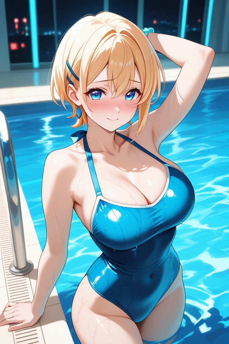 eli ayase,yellow hair,blue eyes,ponytail,hair ribbon,(shiny black micro bikini:1.2),deep cleavage,indoor pool,((sensitive smile)),(large breasts:1.5),shiny,hair,((solo)),((masterpiece)),((best quality)),perfect anatomy,slim waist,perfect image,8k UHD,(beautiful detailed eyes:1.5),extremely detailed face,standing,(upper body:1.1),(look at the front:1.1),arms behindback,ultra-detailed,absurdres,highres,(shiny hair),shiny skin,
